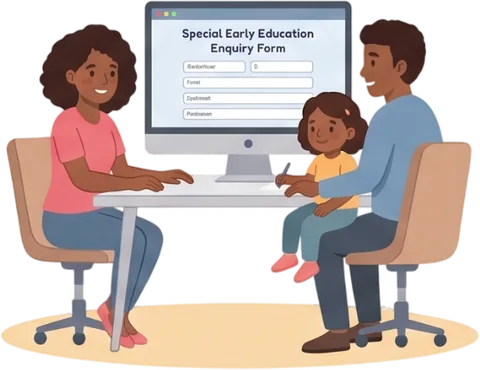 Illustration of whānau completing the enquiry form on a computer with their child