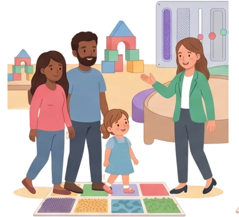 Illustration of a family being welcomed into the centre by a kaiako