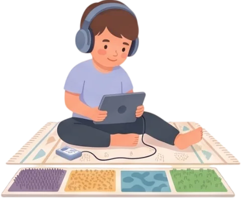 Illustration of a child wearing headphones playing calmly on a sensory mat