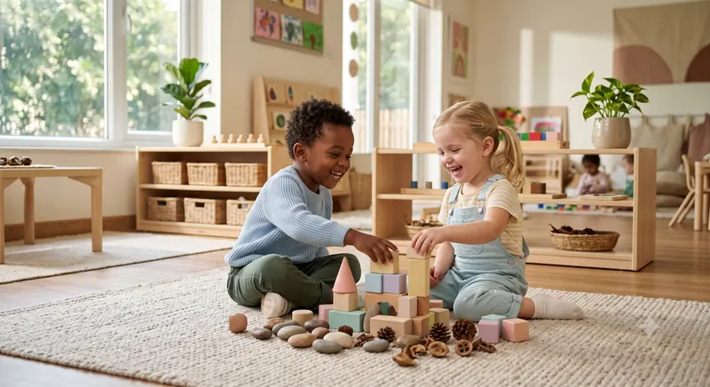 Two tamariki building together with wooden blocks, stones and pinecones in a bright, natural-toned playroom