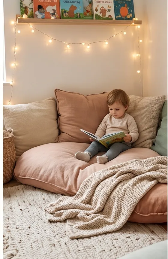 A child reading a picture book on soft cushions in a cosy corner