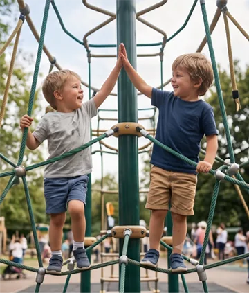Two boys climbing a rope frame outdoors and giving each other a high five