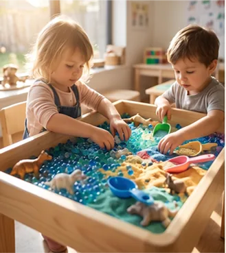 Two children exploring a sensory tray filled with water beads and toys